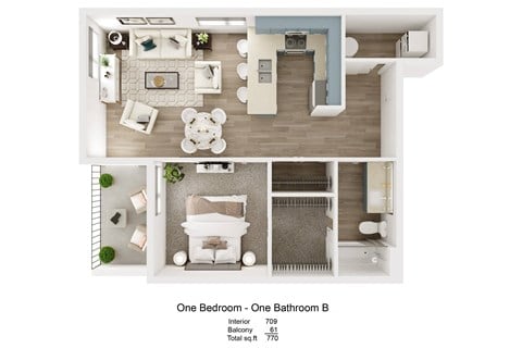 Floor plan for 1 bed, 1 bath, 706 sqft
